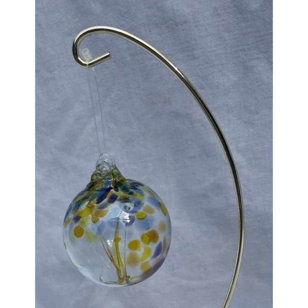 3” Hand Blown Art Glass Gazing Ball Christmas Ornament Hanging Blue Gold Orb EUC